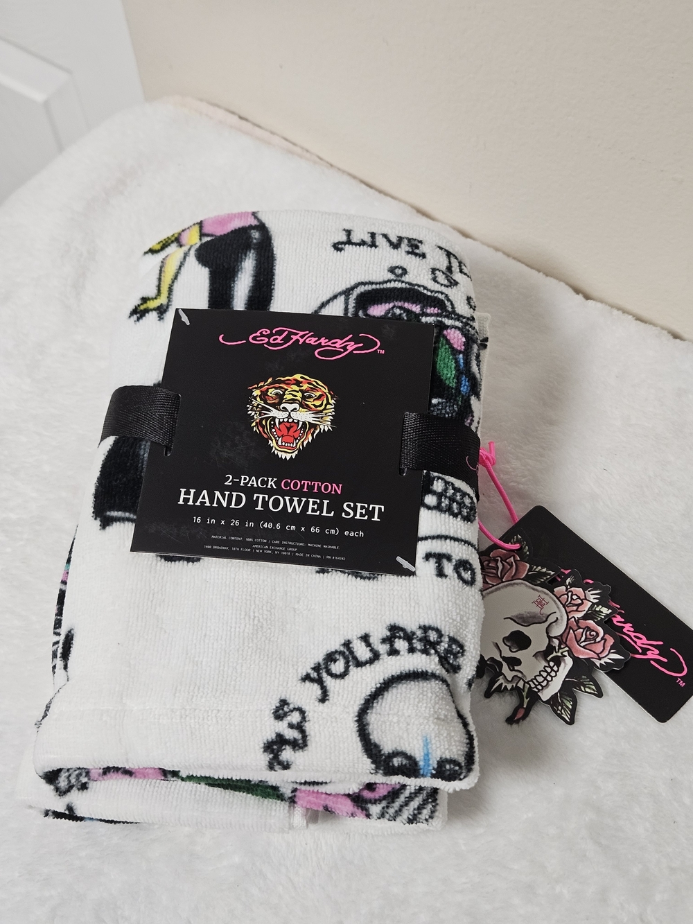 Ed Hardy White Cotton Hand Towel Set with Skull & Floral Print